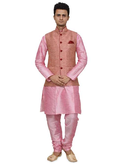 pink silk blend kurta pyjama with jacket ethnic wear set - 19187914 - Standard Image - 0