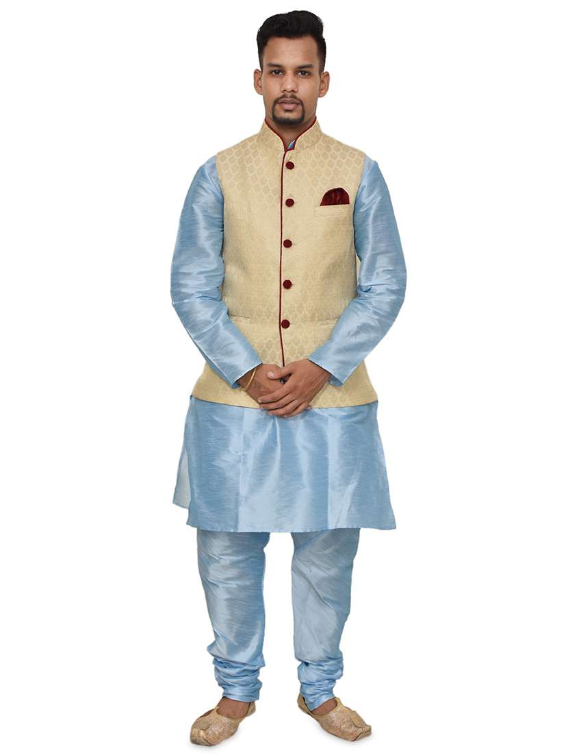 blue silk blend kurta pyjama with jacket ethnic wear set - 19187915 - Zoom Image - 0