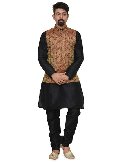 black silk blend kurta pyjama with jacket ethnic wear set - 19187916 - Standard Image - 0