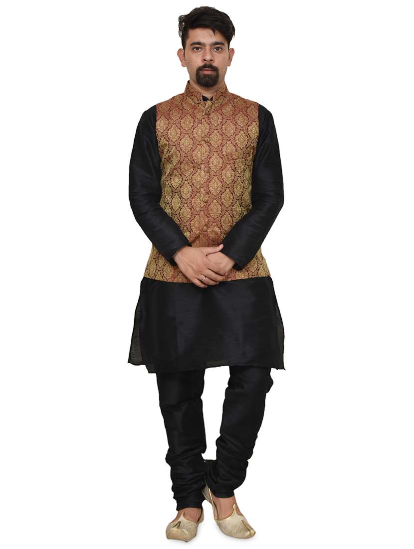 black silk blend kurta pyjama with jacket ethnic wear set - 19187916 - Zoom Image - 0