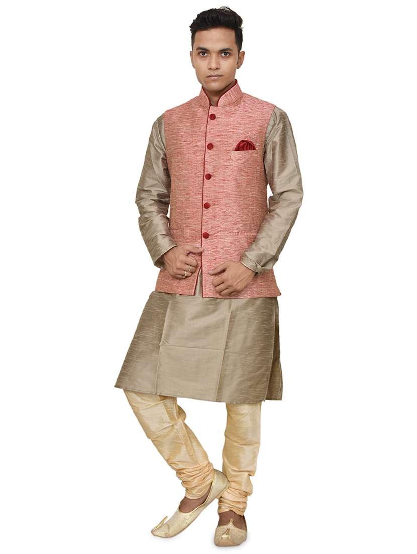 gold silk blend kurta pyjama with jacket ethnic wear set