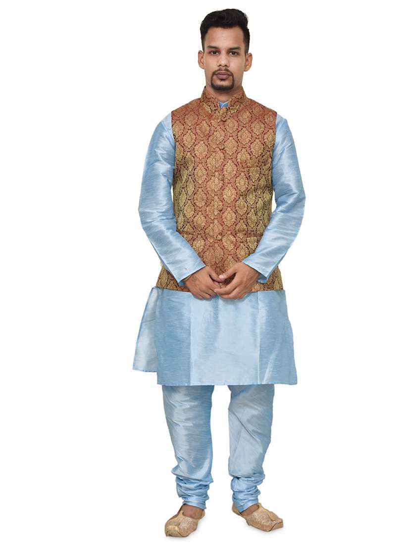 blue silk blend kurta pyjama with jacket ethnic wear set