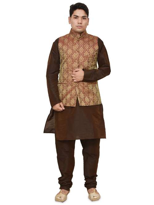 brown silk blend kurta pyjama with jacket ethnic wear set - 19187920 -  Standard Image - 0