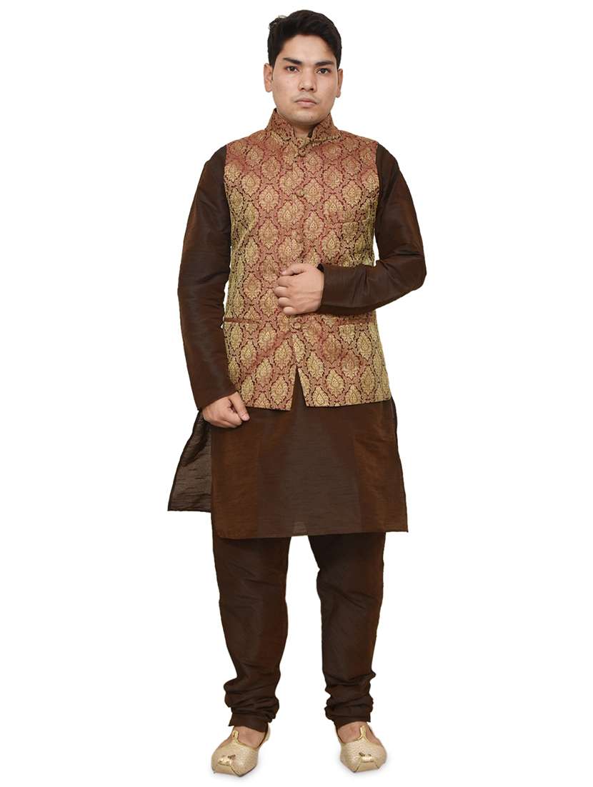 brown silk blend kurta pyjama with jacket ethnic wear set