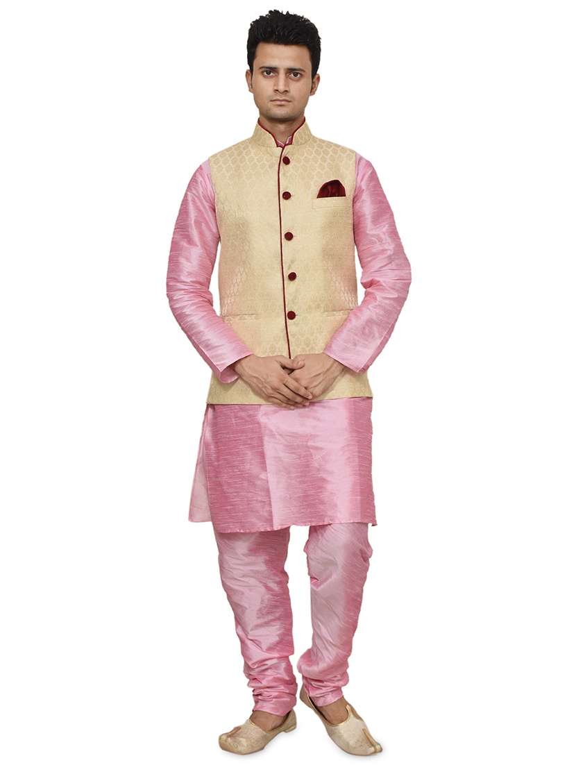pink silk blend kurta pyjama with jacket ethnic wear set