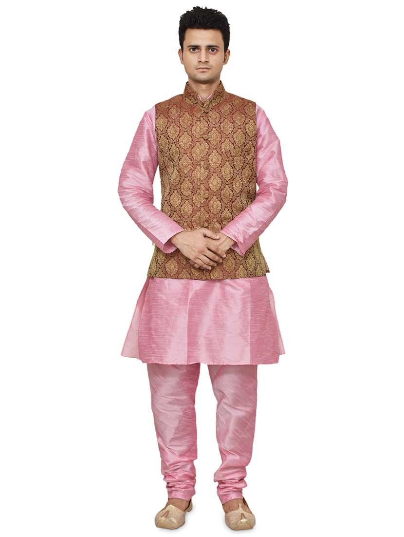 pink silk blend kurta pyjama with jacket ethnic wear set
