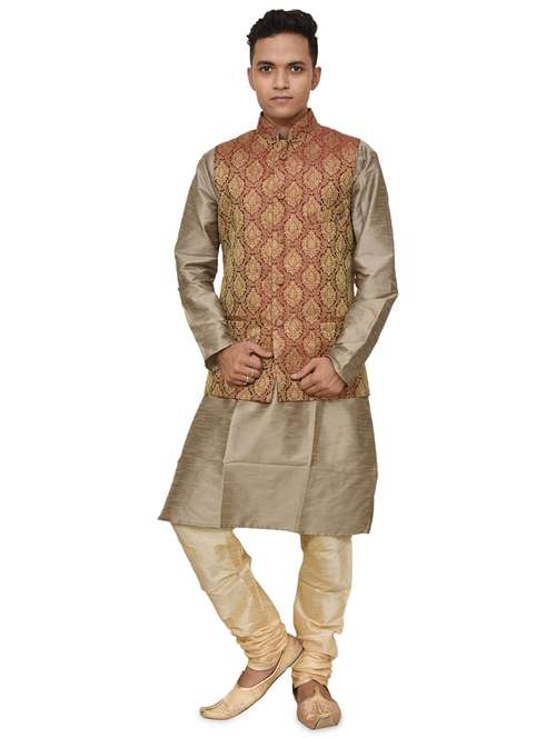copper gold silk blend kurta pyjama with jacket ethnic wear set - 19187924 - Standard Image - 0