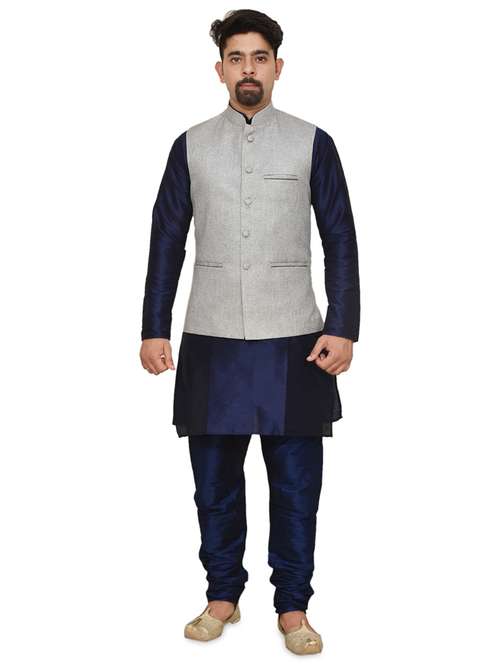 navy blue silk blend kurta pyjama with jacket ethnic wear set - 19187925 -  Standard Image - 0