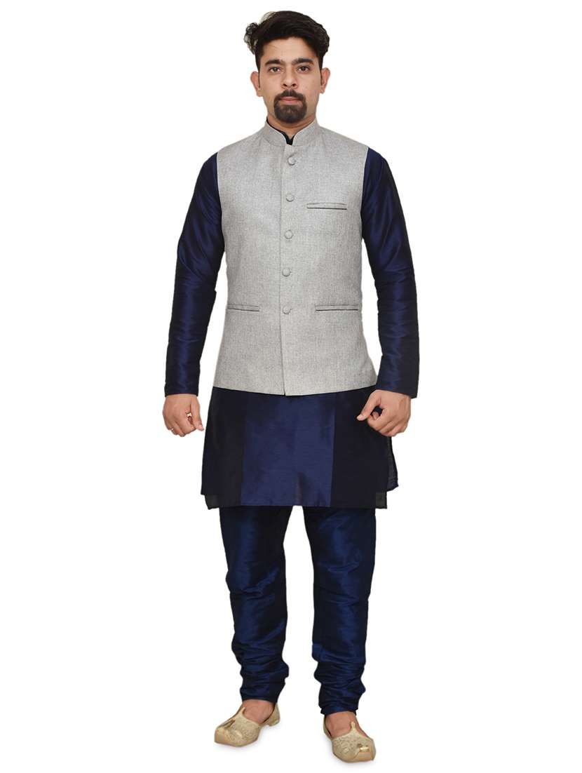 navy blue silk blend kurta pyjama with jacket ethnic wear set