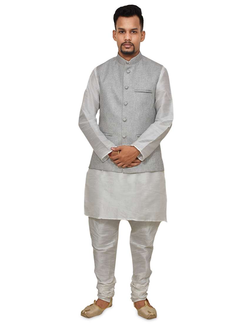 white silk blend kurta pyjama with jacket ethnic wear set