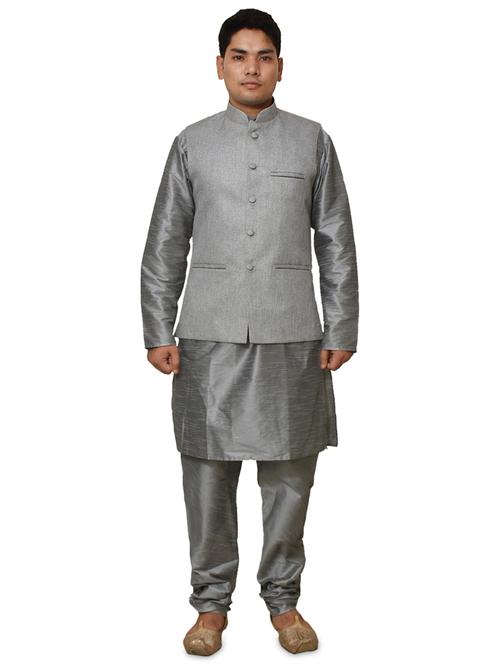 grey silk blend kurta pyjama with jacket ethnic wear set - 19187929 -  Standard Image - 0
