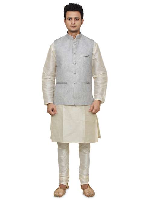cream silk blend kurta pyjama with jacket ethnic wear set - 19187931 - Standard Image - 0