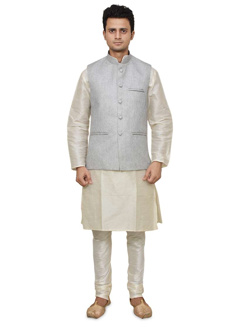 cream silk blend kurta pyjama with jacket ethnic wear set - 19187931 - Zoom Image - 0