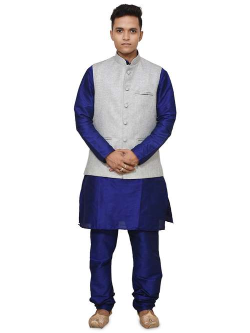 blue silk blend kurta pyjama with jacket ethnic wear set - 19187934 - Standard Image - 0