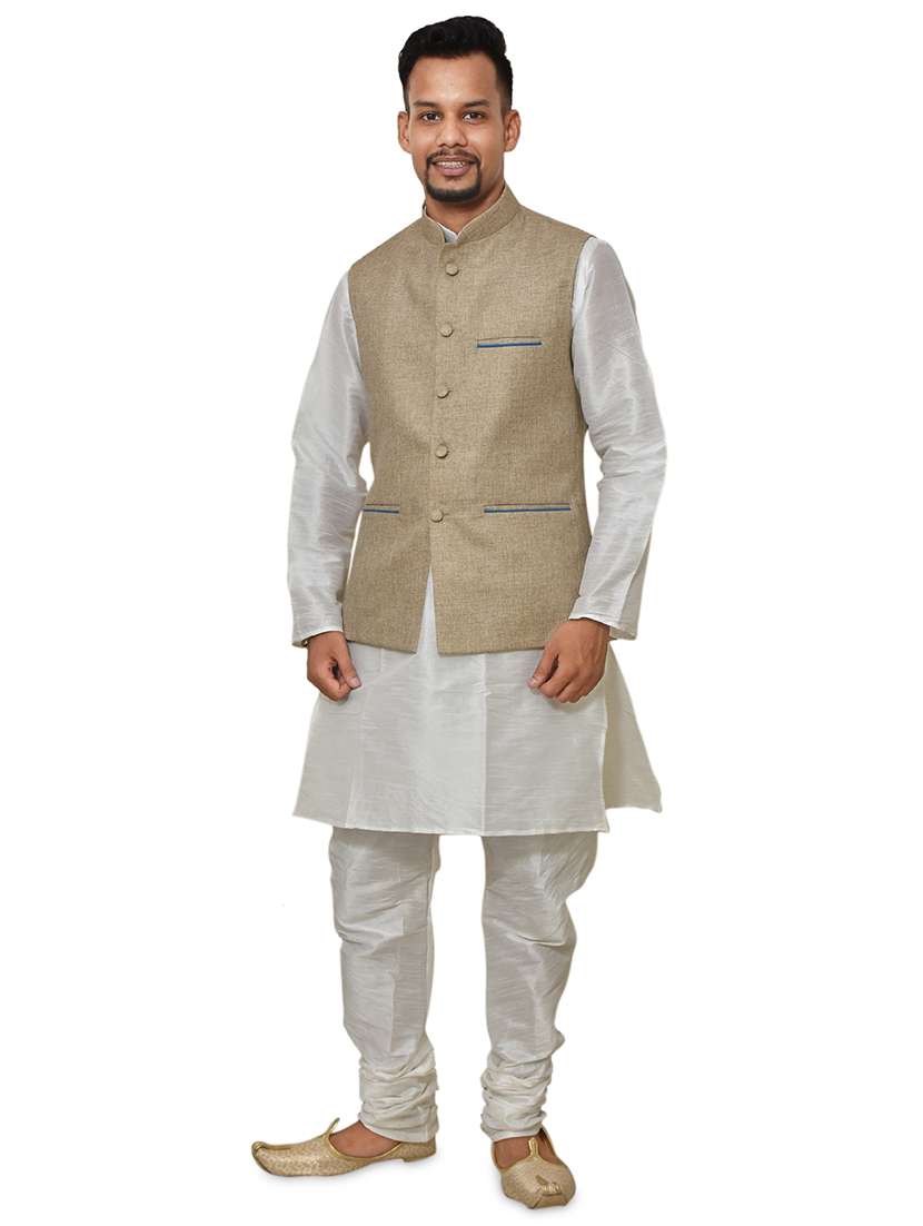 white silk blend kurta pyjama with jacket ethnic wear set