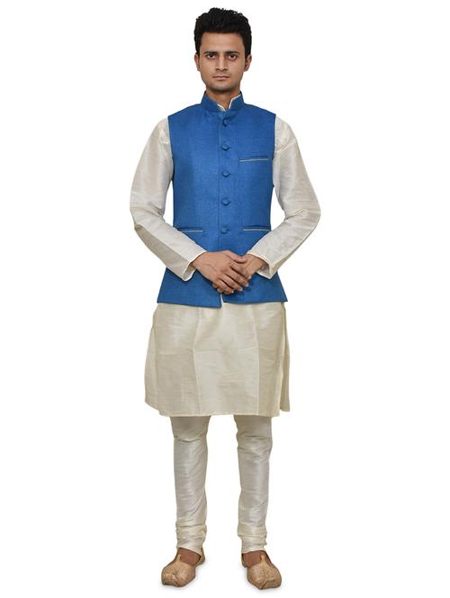 cream silk blend kurta pyjama with jacket ethnic wear set - 19187936 -  Standard Image - 0
