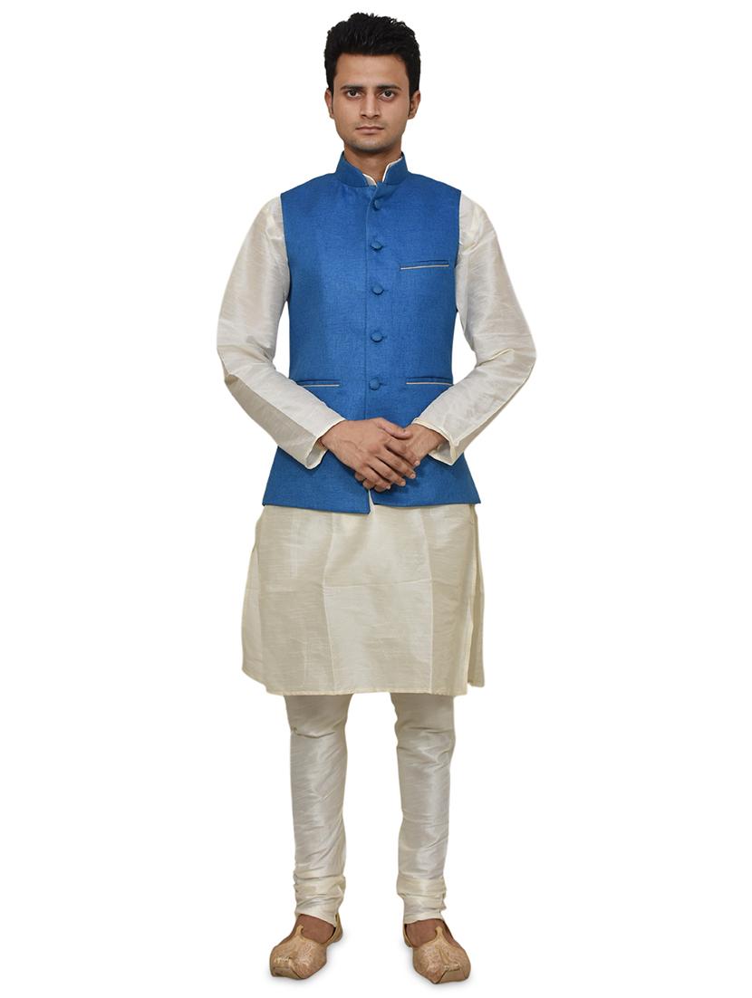 cream silk blend kurta pyjama with jacket ethnic wear set - 19187936 -  Zoom Image - 0