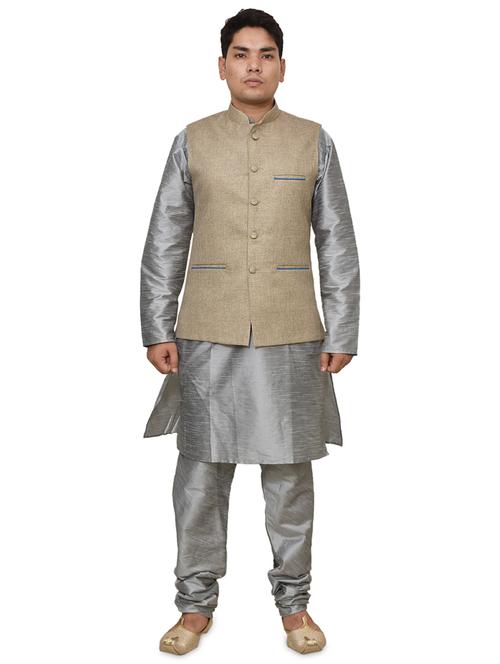 silver silk blend kurta pyjama with jacket ethnic wear set - 19187937 - Standard Image - 0