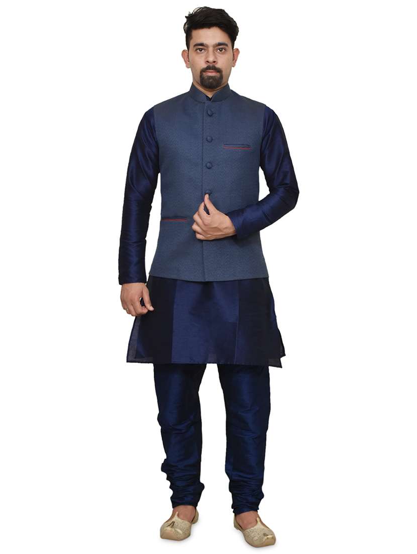 navy blue silk blend kurta pyjama with jacket ethnic wear set