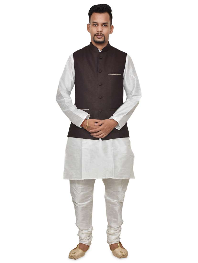 white silk blend kurta pyjama with jacket ethnic wear set