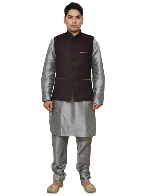 silver silk blend kurta pyjama with jacket ethnic wear set - 19187942 - Standard Image - 0
