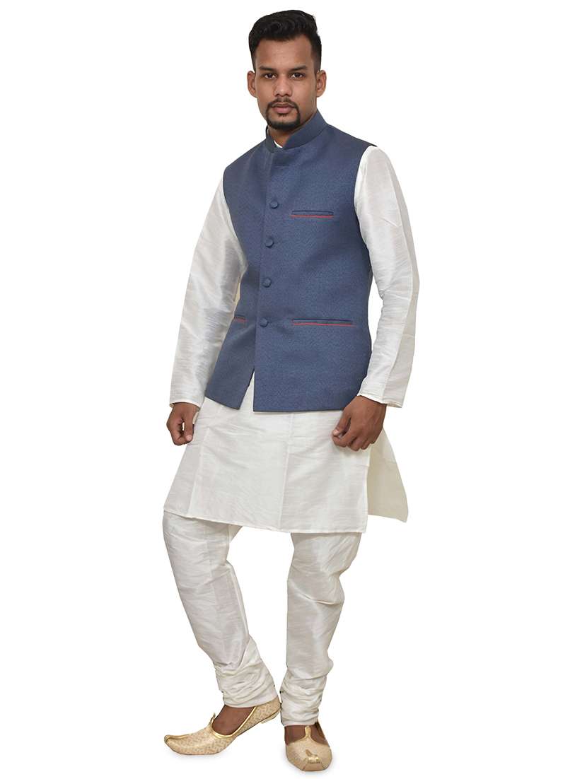 white silk blend kurta pyjama with jacket ethnic wear set