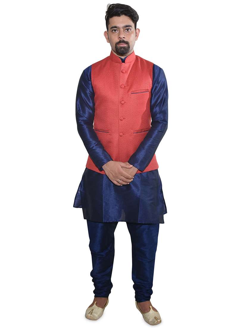 navy blue silk blend kurta pyjama with jacket ethnic wear set