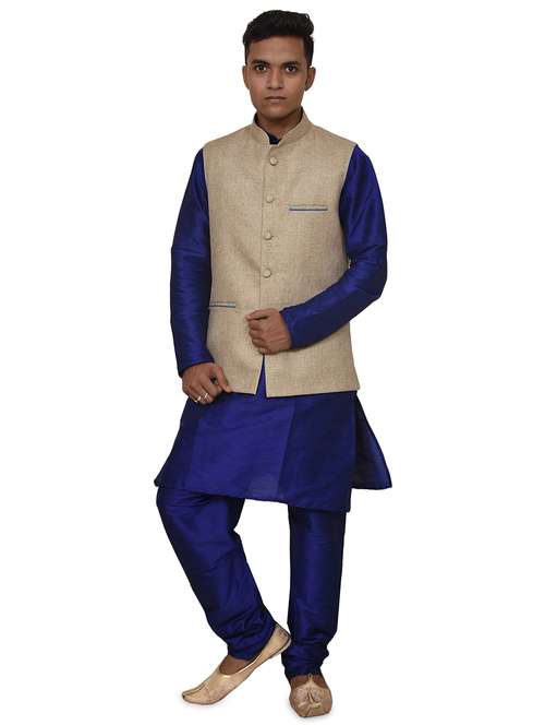 royal blue silk blend kurta pyjama with jacket ethnic wear set - 19187945 - Standard Image - 0