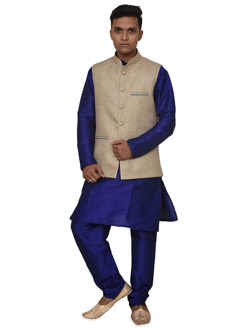 royal blue silk blend kurta pyjama with jacket ethnic wear set - 19187945 - Zoom Image - 0