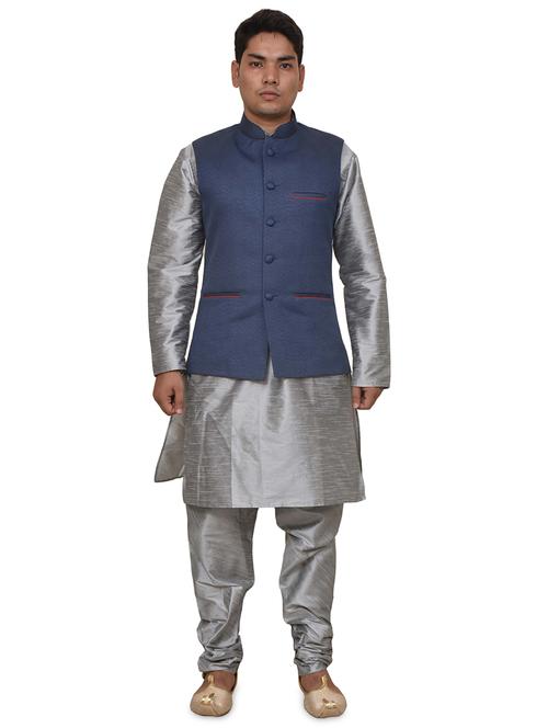 silver silk blend kurta pyjama with jacket ethnic wear set - 19187947 - Standard Image - 0