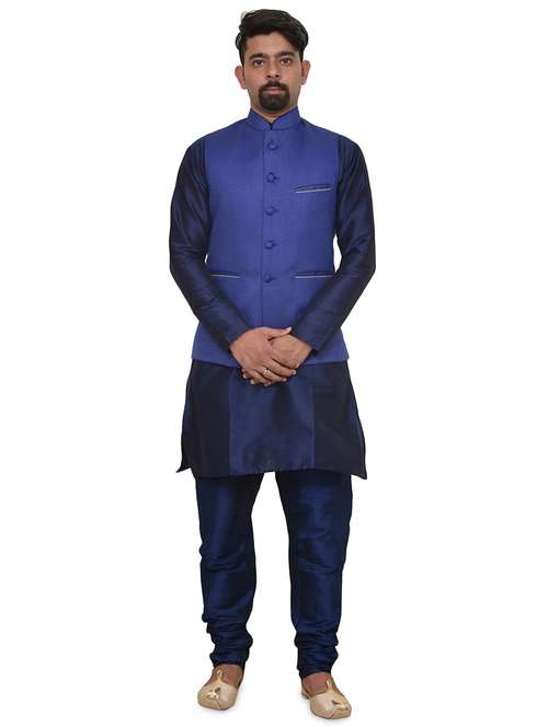 navy blue silk blend kurta pyjama with jacket ethnic wear set - 19187949 -  Standard Image - 0