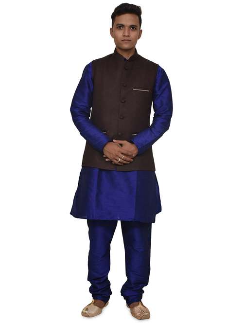royal blue silk blend kurta pyjama with jacket ethnic wear set - 19187951 - Standard Image - 0