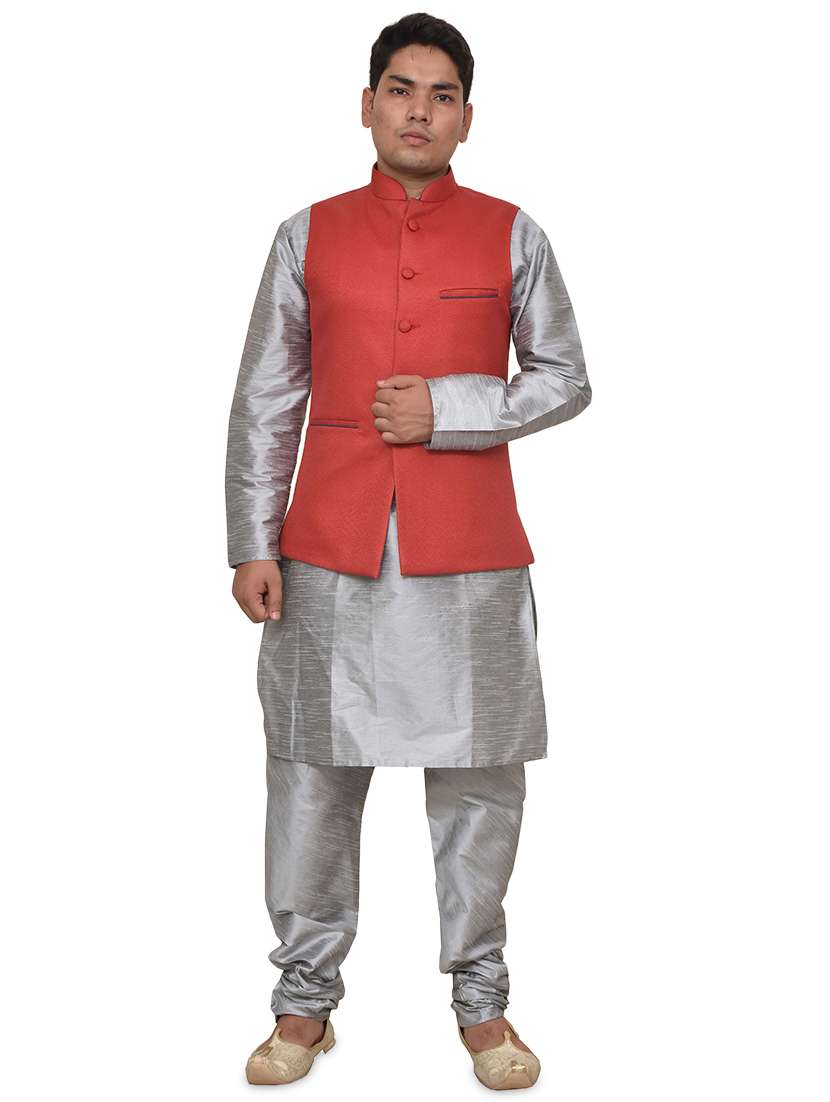 silver silk blend kurta pyjama with jacket ethnic wear set