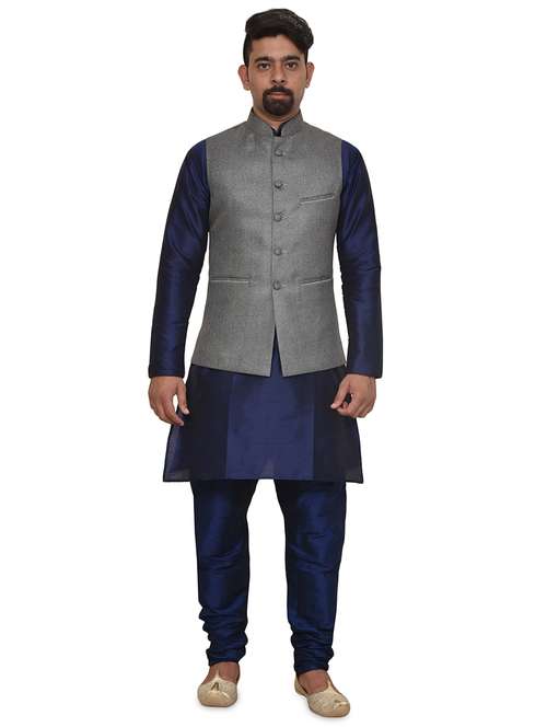 navy blue silk blend kurta pyjama with jacket ethnic wear set - 19187954 -  Standard Image - 0