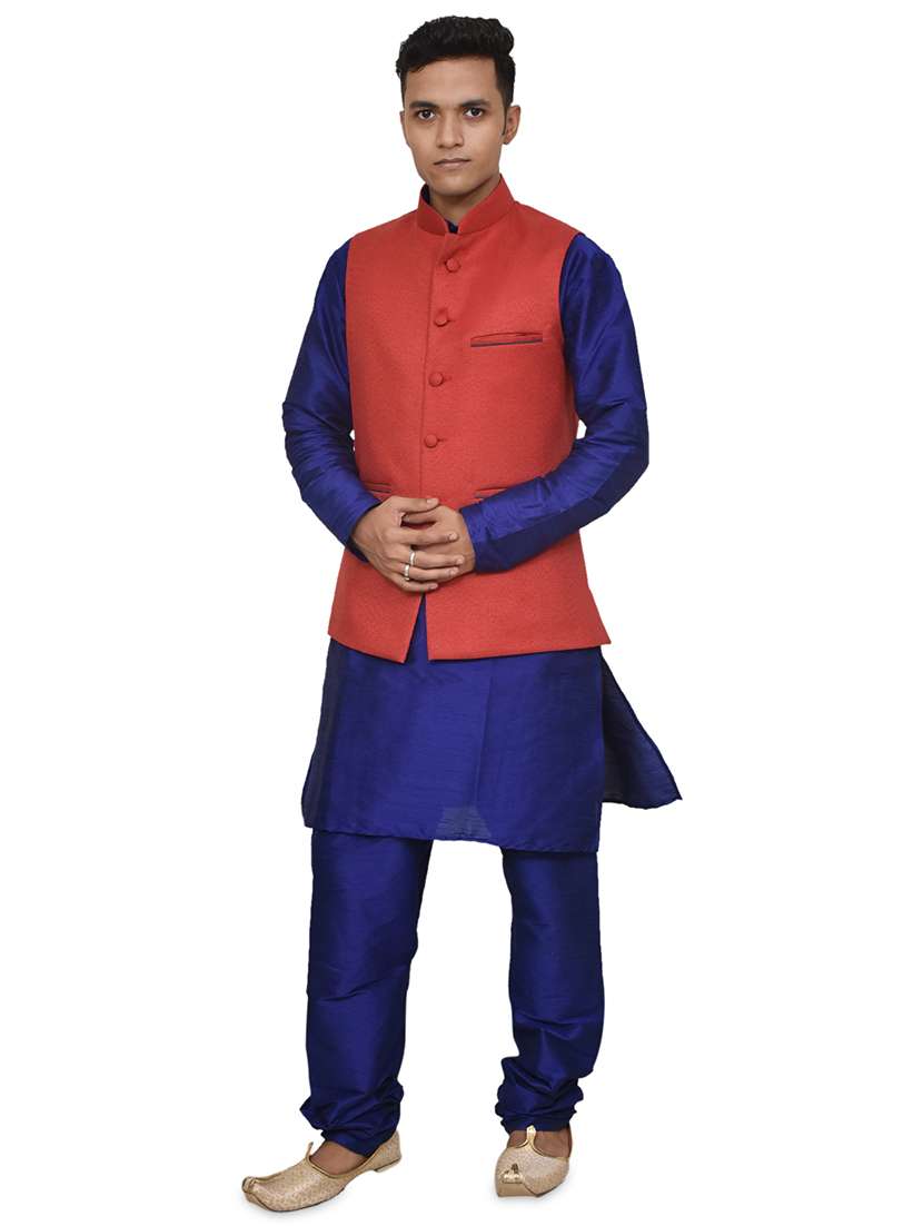 royal blue silk blend kurta pyjama with jacket ethnic wear set - 19187959 -  Zoom Image - 0