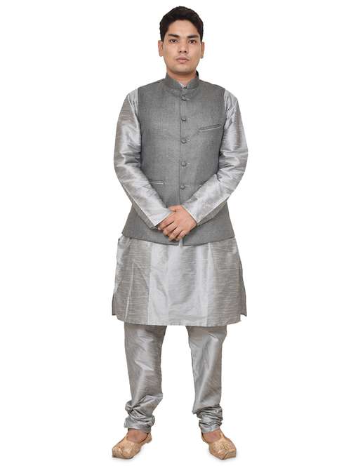 silver silk blend kurta pyjama with jacket ethnic wear set - 19187960 -  Standard Image - 0