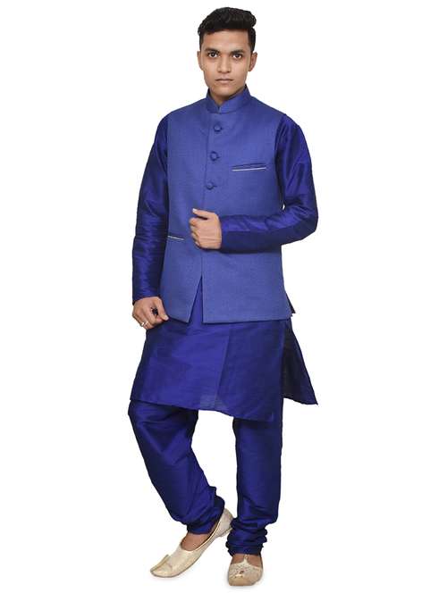 royal blue silk blend kurta pyjama with jacket ethnic wear set - 19187962 -  Standard Image - 0