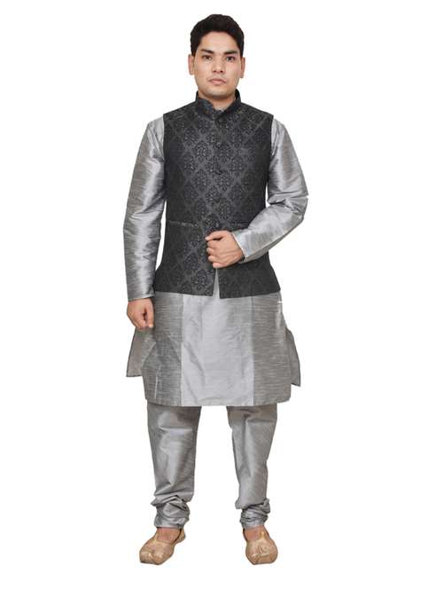 silver silk blend kurta pyjama with jacket ethnic wear set - 19187972 - Standard Image - 0