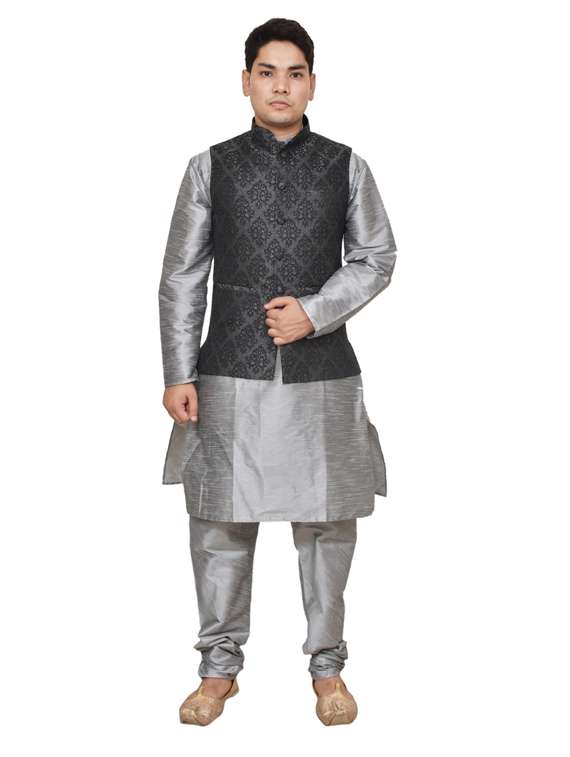 silver silk blend kurta pyjama with jacket ethnic wear set - 19187972 - Zoom Image - 0