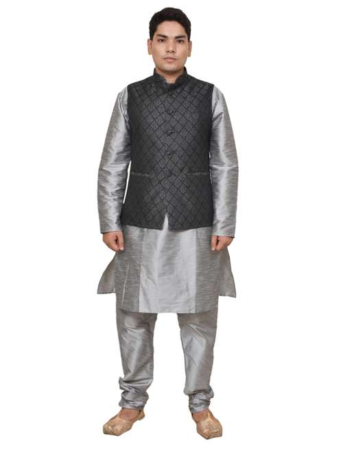 silver silk blend kurta pyjama with jacket ethnic wear set - 19187977 -  Standard Image - 0