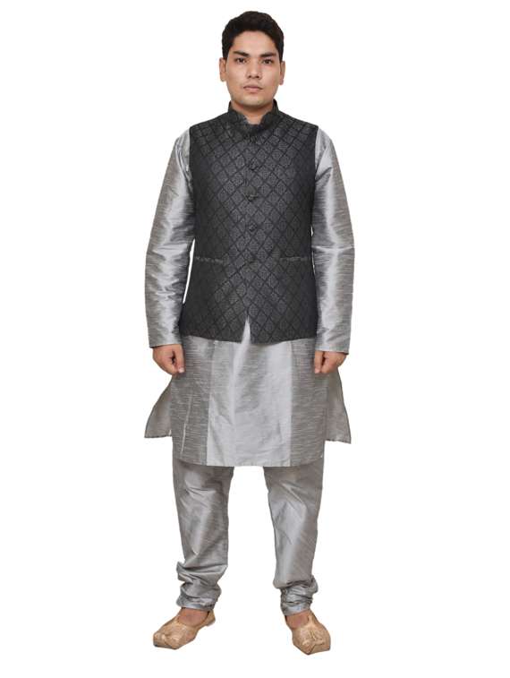 silver silk blend kurta pyjama with jacket ethnic wear set