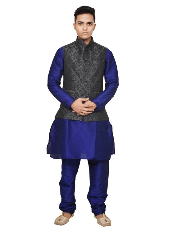 royal blue silk blend kurta pyjama with jacket ethnic wear set - 19187982 - Zoom Image - 0