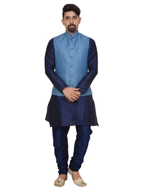 navy blue silk blend kurta pyjama with jacket ethnic wear set - 19187984 - Standard Image - 0