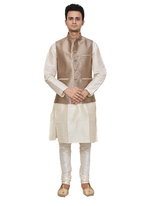 cream silk blend kurta pyjama with jacket ethnic wear set - 19187985 - Standard Image - 0