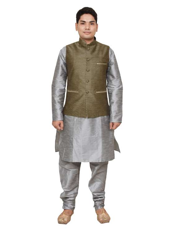 silver silk blend kurta pyjama with jacket ethnic wear set