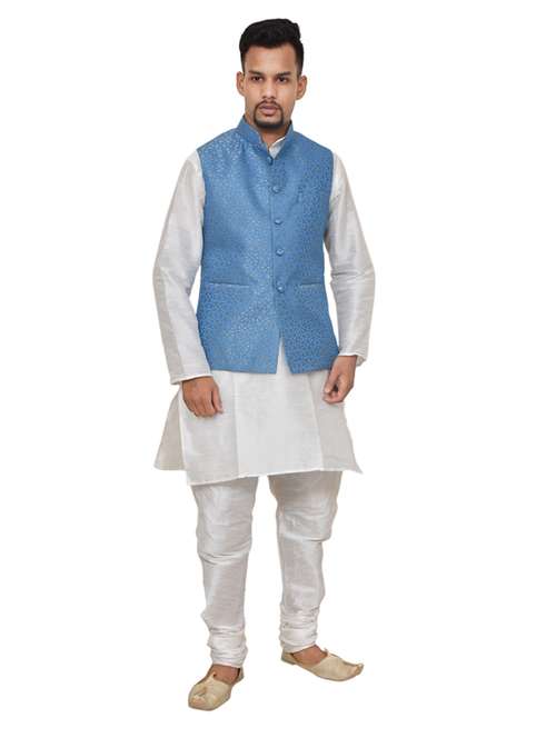 white silk blend kurta pyjama with jacket ethnic wear set - 19187987 -  Standard Image - 0