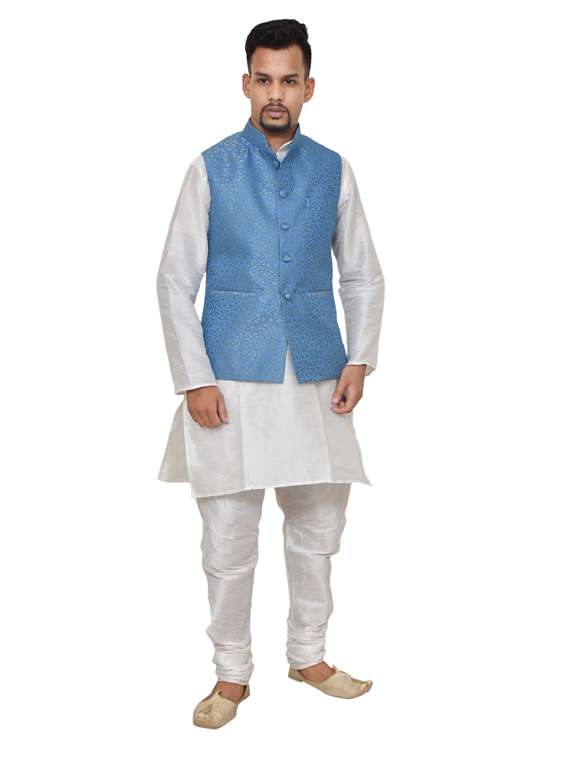 white silk blend kurta pyjama with jacket ethnic wear set
