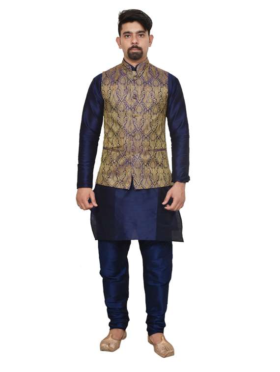 navy blue silk blend kurta pyjama with jacket ethnic wear set