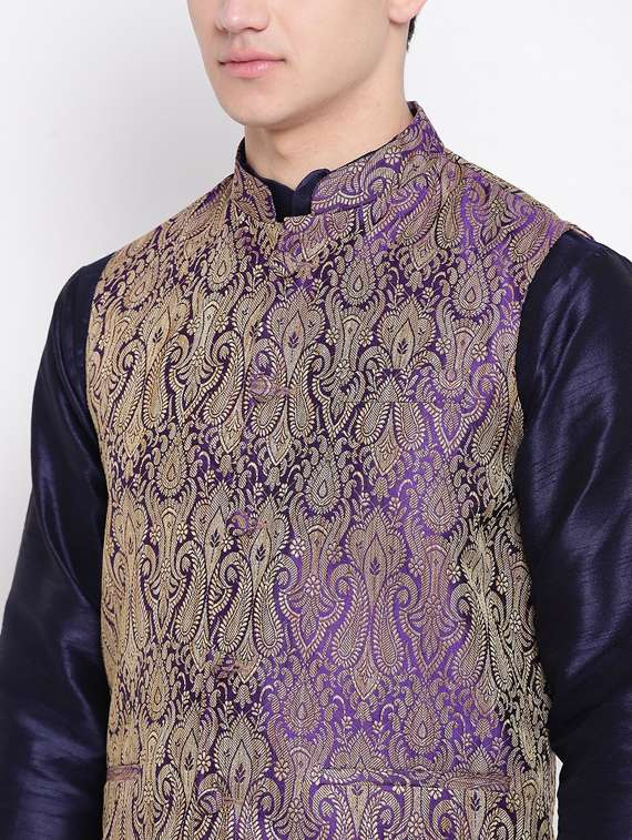 navy blue silk blend kurta pyjama with jacket ethnic wear set - 19187988 -  Standard Image - 3