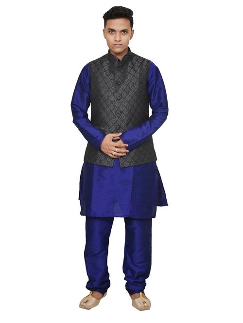 royal blue silk blend kurta pyjama with jacket ethnic wear set - 19187990 - Standard Image - 0